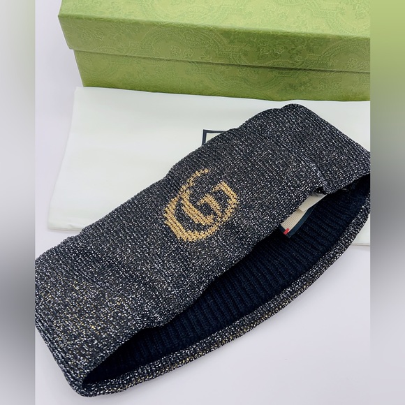 ❌SOLD❌NWT Authentic GUCCI Black Metallic Lurex Headband Logo GG Size M (57cm) - Picture 3 of 12